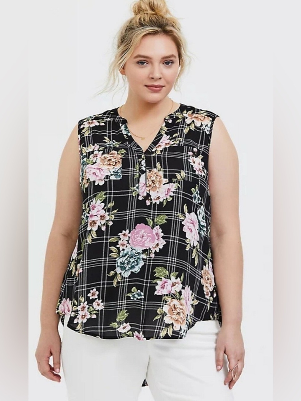 Torrid Harper Black Floral Plaid Georgette Pullover Tank